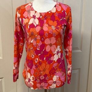 Talbots Classic Tossed Flowers Crewneck Orange and Pink Pullover Sweater Size SP